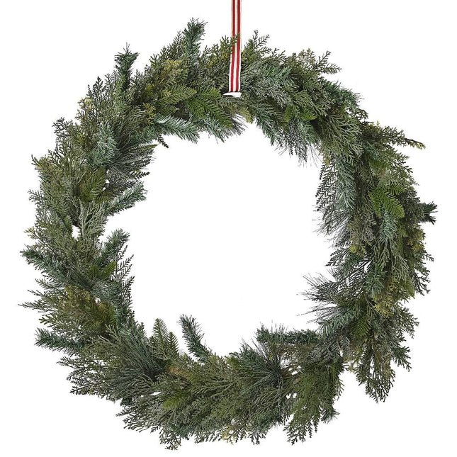 Kerstkrans aan een rood met wit lint