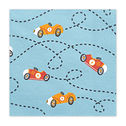 Blauwe servet met auto's voor een kinderfeestje met race thema