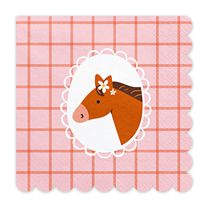roze geblokte servet met een paard erop