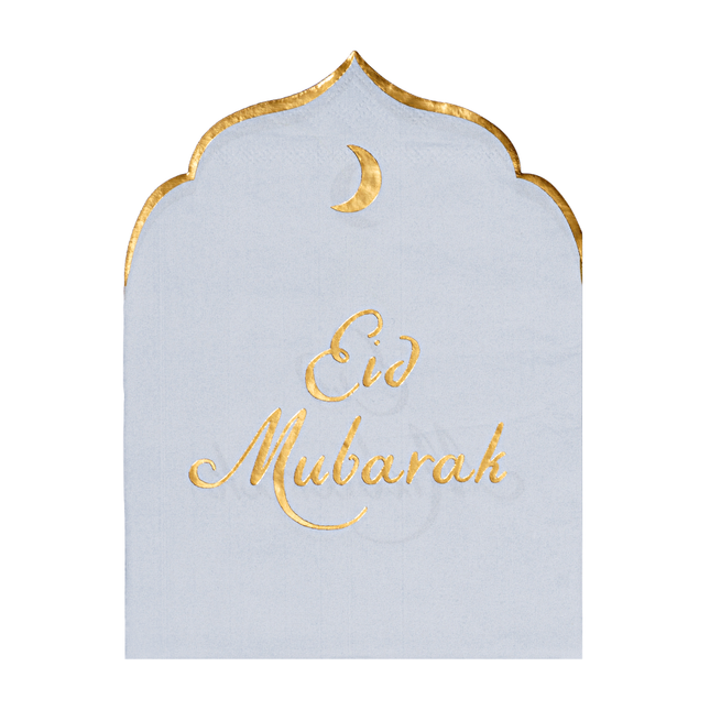 lichtblauwe met gouden servetten met de groet eid mubarak