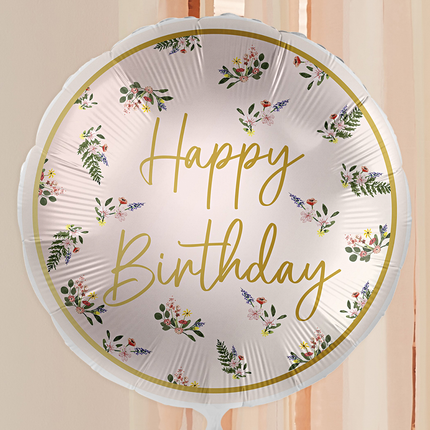 ballon nude en goud happy birthday met bloemen en botanische bladeren