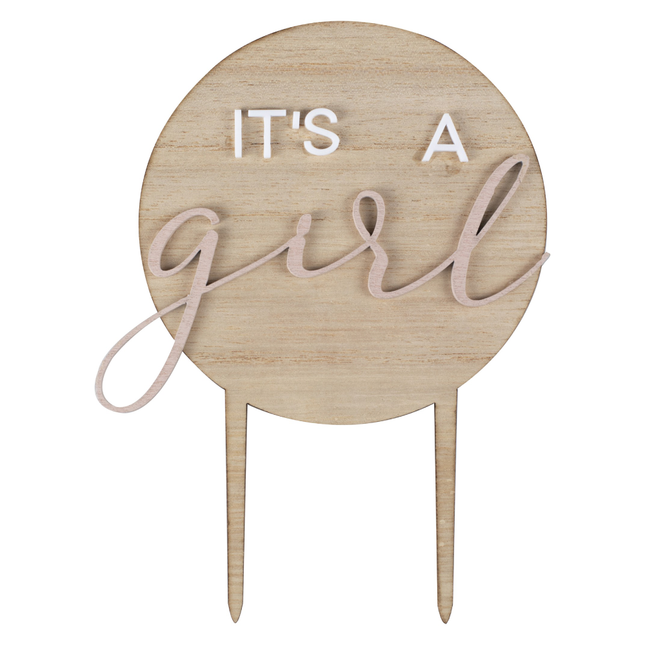 Houten topper met de tekst its a girl in het wit en roze