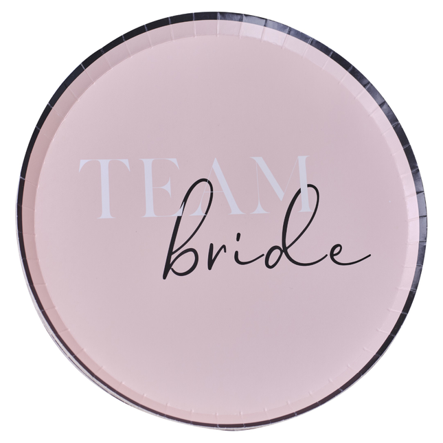 Papieren bordje in het roze met zwarte rand en in het midden de tekst team bride