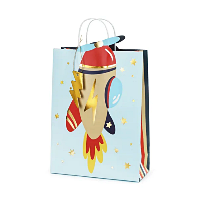 Cadeau tas met een vliegtuig erop in het licht blauw