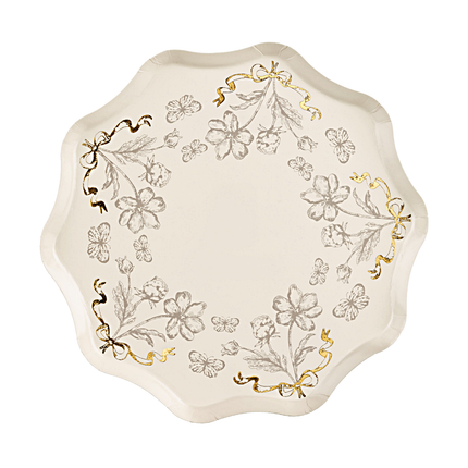 beige babyshower bordjes met gouden strikjes en bloemen