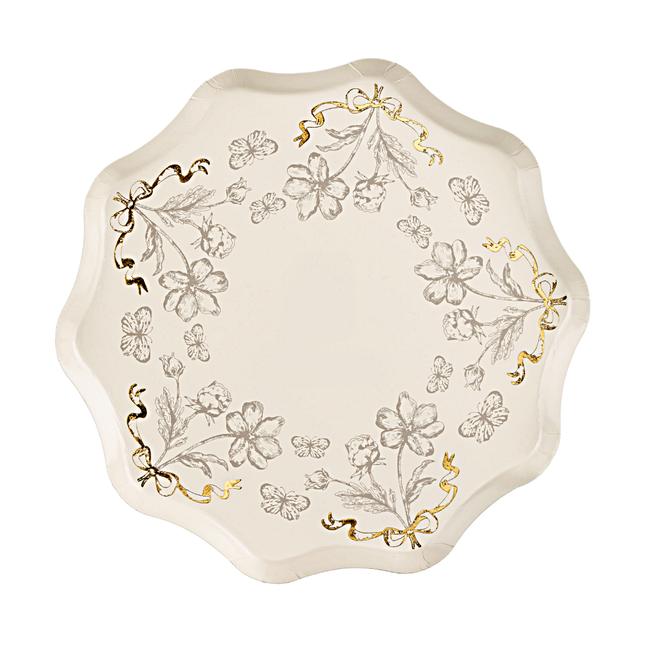 beige babyshower bordjes met gouden strikjes en bloemen