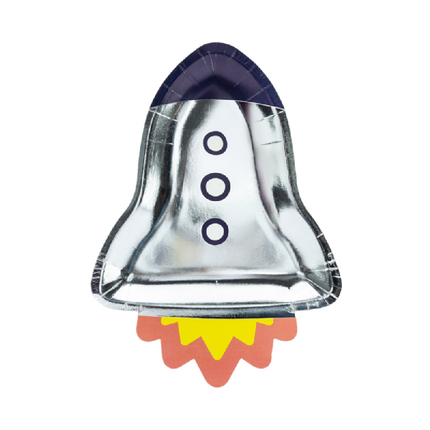 Papieren bordje in de vorm van een raket met een vlammetje in de kleuren donkerblauw en metallic zilver