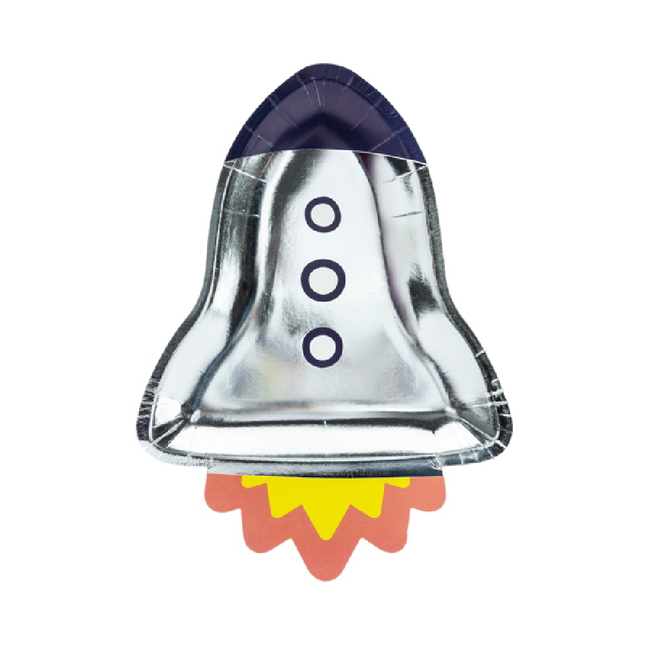 Papieren bordje in de vorm van een raket met een vlammetje in de kleuren donkerblauw en metallic zilver