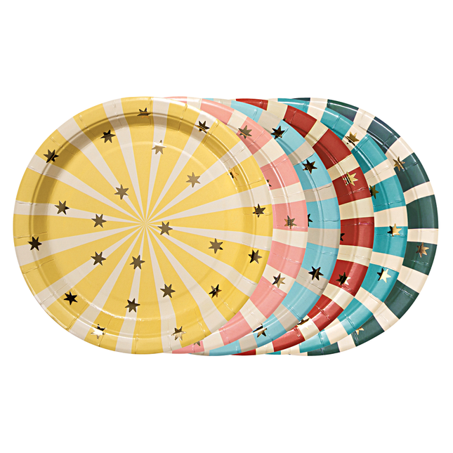 bordjes met gouden sterren en strepen in het geel, roze, blauw, rood en groen