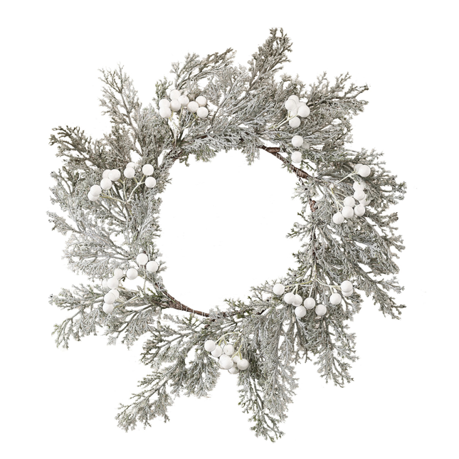 Placemat met groene takjes met sneeuw en witte bessen