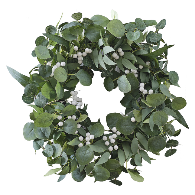 Krans met eucalyptusbladeren en witte besjes
