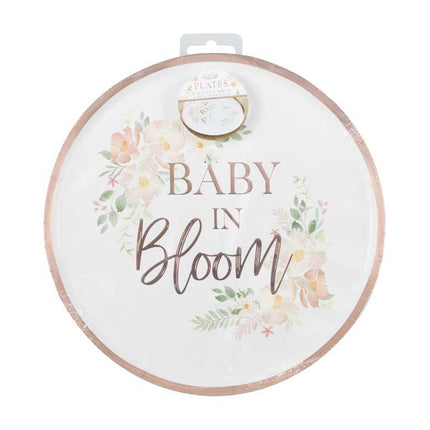 Wit bordje met rose gouden rand bloemendesign en baby in bloom