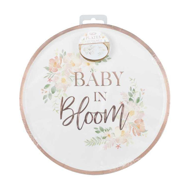 Wit bordje met rose gouden rand bloemendesign en baby in bloom