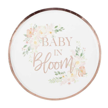 Wit bordje met rose gouden rand bloemendesign en baby in bloom