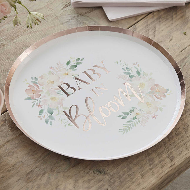 Wit bordje met rose gouden rand bloemendesign en baby in bloom