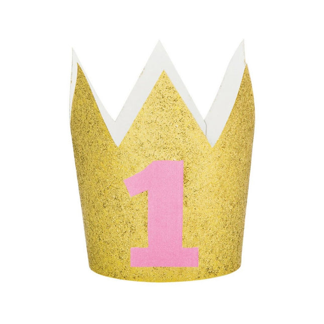 Kroontje met gouden glitters en een roze '1'