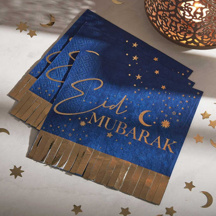 Donkerblauw eid mubarak servet met gouden franjes