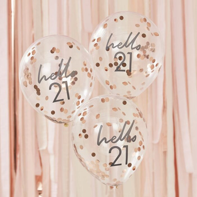Confettiballonnen Rosé Goud 'Hello 21' - 5 stuks