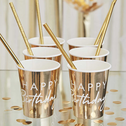 Gouden papieren bekers met happy birthday