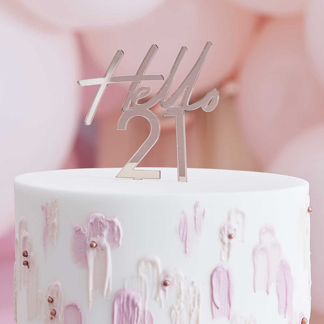 Taart Topper met de tekst Hello 21 in de kleur Rosé Goud