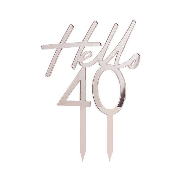 Taart Topper met de tekst Hello 40 in de kleur Rosé Goud