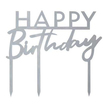 Taart Topper met de tekst happy birthday in het zilver