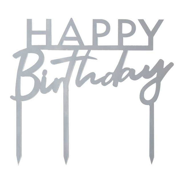 Taart Topper met de tekst happy birthday in het zilver
