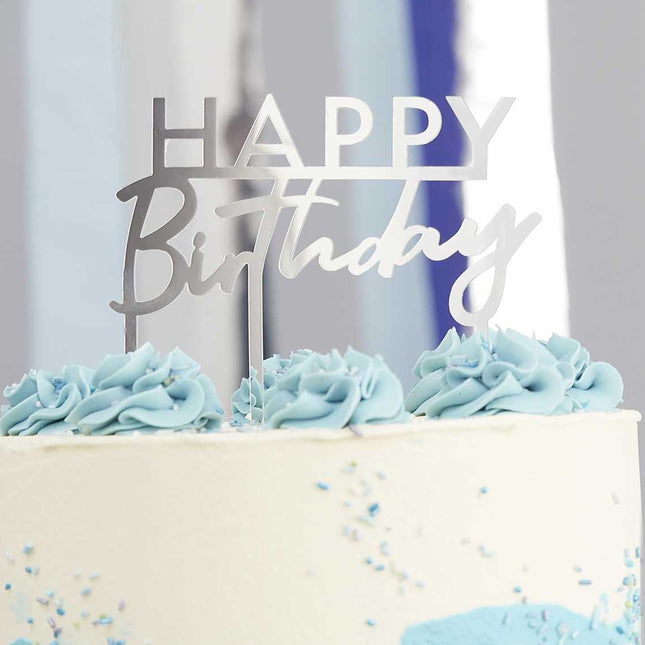 Taart Topper met de tekst happy birthday in het zilver