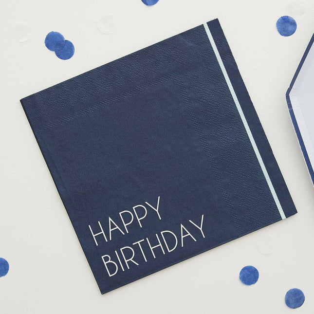 Donkerblauw servet met happy birthday erop
