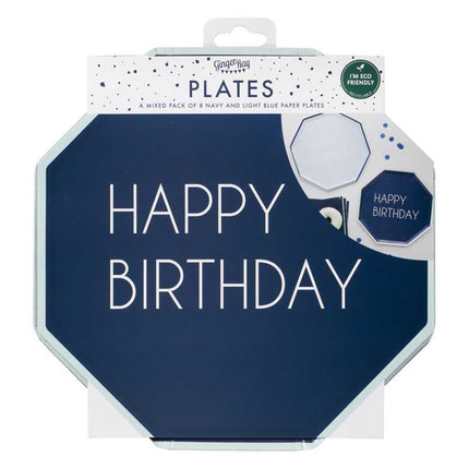 Donkerblauw bordje met happy birthday erop