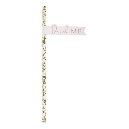 papieren rietje met bloemenprint en drink me labeltje