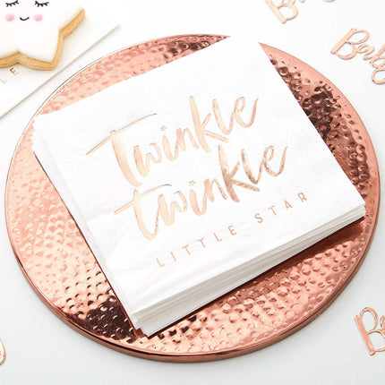 rose gouden bordje met witte servetten met twinkle twinkle erop