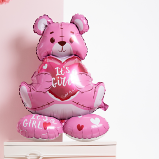 roze folieballon in de vorm van een beer met de tekst its a girl