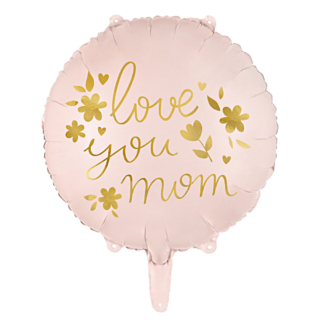 roze folieballon met de gouden tekst love you mom