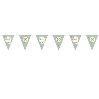 Slinger met driehoek vlaggetjes in het groen met goud voor een 50ste verjaardag abraham