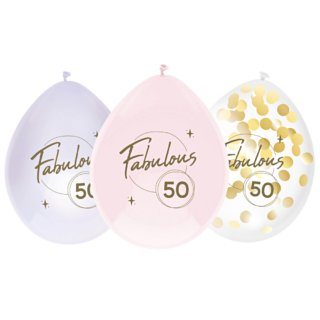 Ballonnen in het lila en licht roze met gouden confetti en de tekst fabulous 50