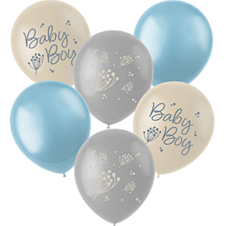 blauwe, creme en grijze ballonnen met de tekst baby boy voor een babyshower jongen