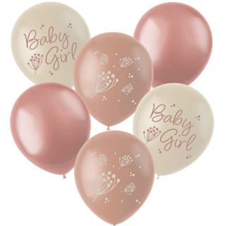 Creme en roze ballonnen met de tekst baby girl erop