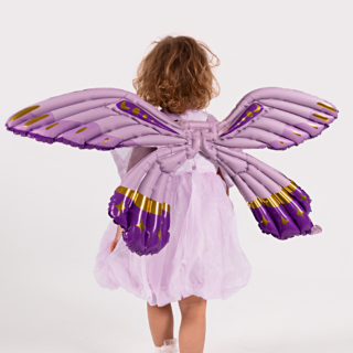 meisje met paarse vlinderballon op haar rug