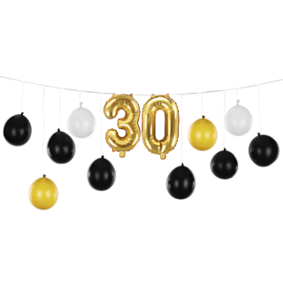 ballonnenslinger met cijferballonnen 30 in het zwart, goud en wit