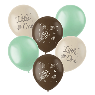 bruine, creme, grijze en mint ballonnen met een bloesem print en de tekst little one voor een babyshower