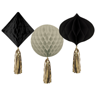 drie honeycombs in het zwart en creme met gouden tassels