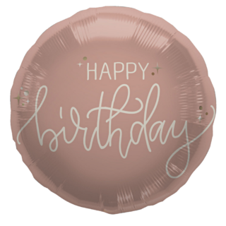 roze folieballon met de creme tekst happy birthday en gouden sterren