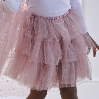 meisje draagt prinsessen verkleedkleding met een roze tutu en zilveren diamantjes