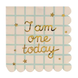 beige met blauw geblokte servetten met de gouden tekst i am one today