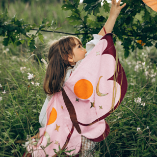 meisje met vlinder vleugels in het roze en paars staat in het gras