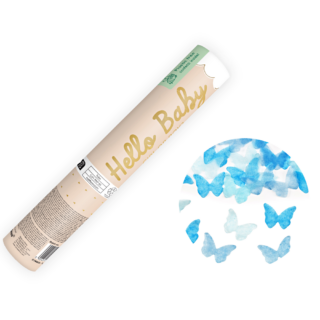 cremekleurig gender reveal confettikanon met gouden tekst boy or girl? en blauwe vlinder confetti